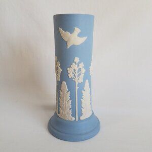 Vintage Jasperware Large Blue Ivory Vase 9.5" ECanada Art Pottery Birds Trees